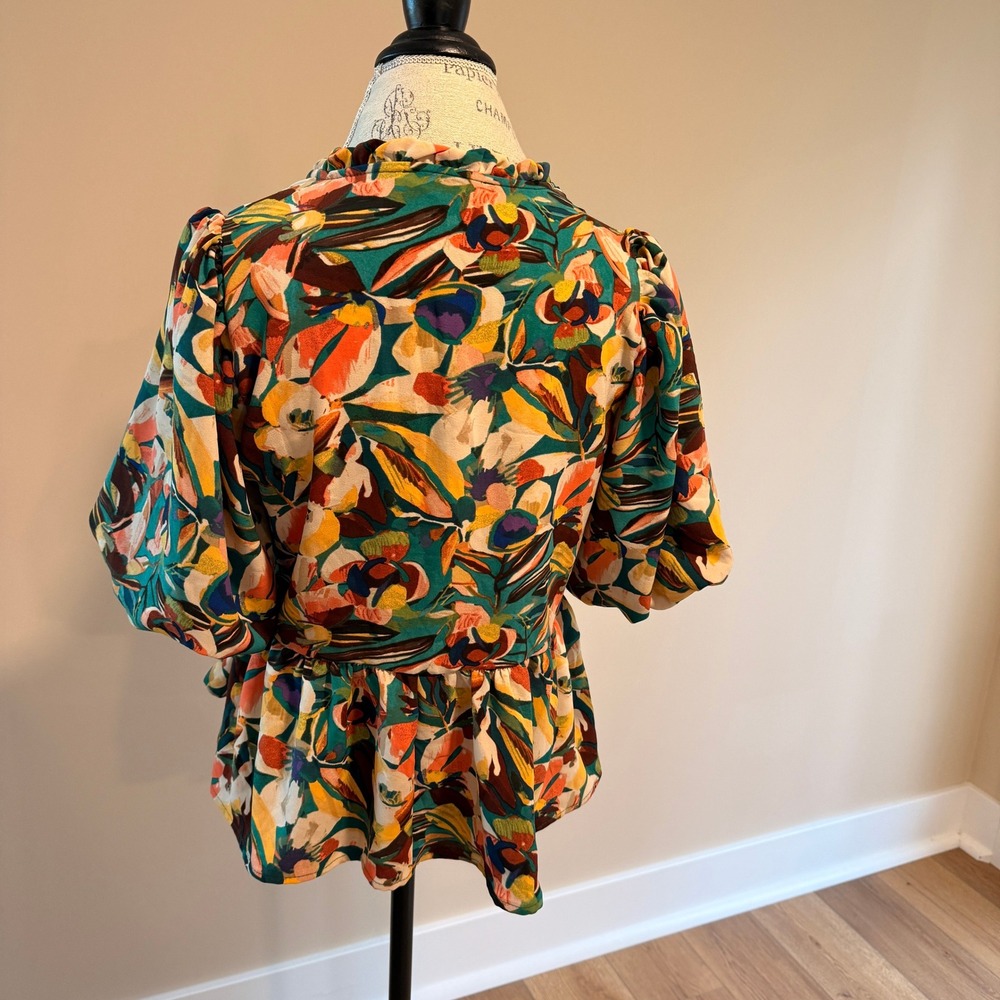 Haptics Women's Frill Floral Puff Sleeve Peplum‎ Blouse Size M - Picture 4 of 6